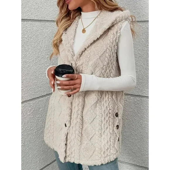 NWT Womens Hooded Plush Vest With Buttons Sleeveless  Outerwear S-XXL Sizes - Picture 3 of 4